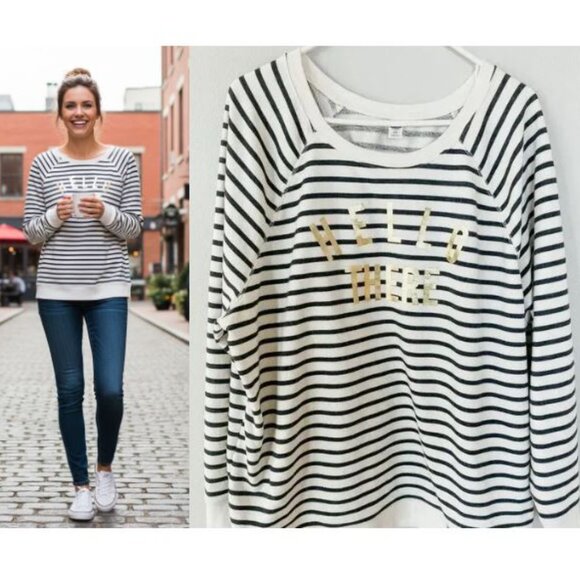 Old Navy XXL Crewneck Sweatshirt Black Cream Gold Stripe "Hello There" - Picture 1 of 5